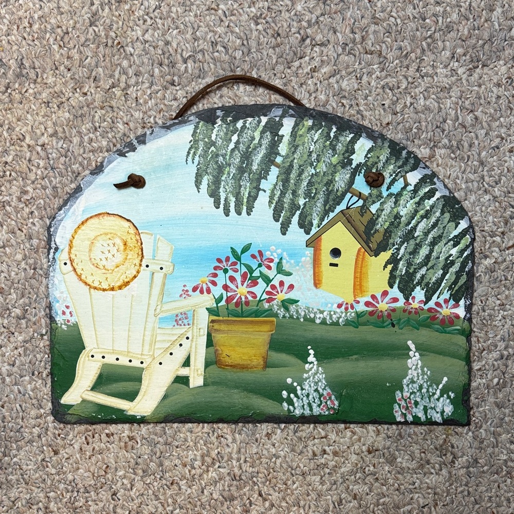 Hand-Painted Garden Scene Wall Art on sleep with leather hanger